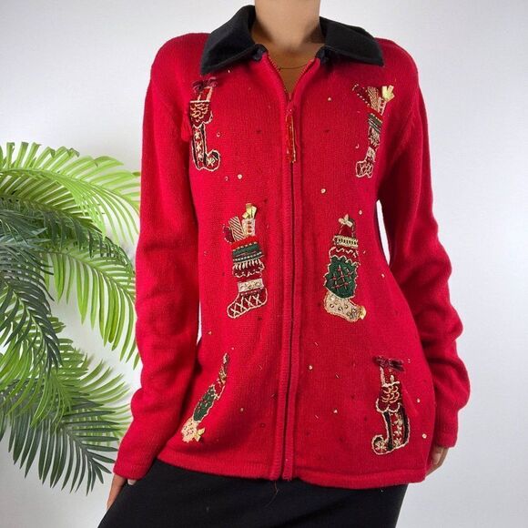 Vintage 90s Red Holiday Grandma Ugly Christmas Sweater Oversized Jacket / Small - Picture 1 of 7